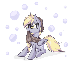 Size: 1900x1700 | Tagged: safe, artist:drawing-heart, derpy hooves, pegasus, pony, alternate hairstyle, bubble, clothes, female, glasses, mare, mouth hold, nom, scarf, simple background, solo, transparent background