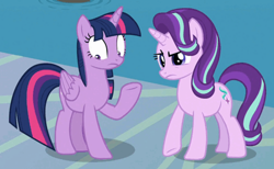 Size: 914x562 | Tagged: safe, screencap, starlight glimmer, twilight sparkle, twilight sparkle (alicorn), alicorn, pony, unicorn, school daze, duo