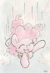 Size: 681x995 | Tagged: safe, artist:slightlyshade, pinkie pie, earth pony, pony, falling, parachute, skydiving, solo, traditional art