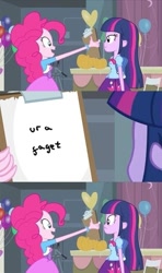 Size: 413x700 | Tagged: safe, derpibooru import, edit, edited screencap, screencap, pinkie pie, twilight sparkle, equestria girls, equestria girls (movie), clipboard, comic, duo, pinkie's clipboard, screencap comic, ur a faget