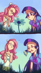 Size: 1629x2913 | Tagged: safe, artist:holivi, derpibooru import, fluttershy, twilight sparkle, human, equestria girls, 2 panel comic, comic, eating, eyes closed, flower, human coloration, humanized, humans doing horse things, no pupils, nom