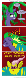 Size: 600x1663 | Tagged: safe, artist:deusexequus, fluttershy, mane-iac, saddle rager, pegasus, pony, power ponies (episode), comic, flutterhulk, power ponies, pun, slap