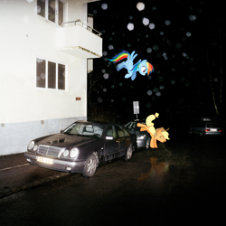 Size: 4134x4134 | Tagged: safe, derpibooru import, applejack, rainbow dash, pony, absurd resolution, album cover, brand new, car, duo, emo, irl, mercedes-benz, parody, photo, ponies in real life, ponified, ponified album cover