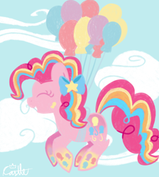 Size: 1300x1450 | Tagged: safe, artist:mtfc1029, pinkie pie, earth pony, pony, balloon, cloud, cloudy, cute, eyes closed, flying, rainbow power, solo, then watch her balloons lift her up to the sky