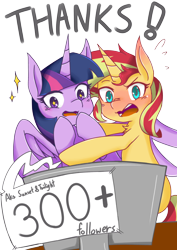 Size: 2480x3508 | Tagged: safe, artist:aka-ryuga, sunset shimmer, twilight sparkle, twilight sparkle (alicorn), alicorn, pony, blushing, female, lesbian, milestone, monitor, shipping, simple background, sunsetsparkle, transparent background