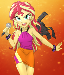 Size: 900x1050 | Tagged: safe, artist:ta-na, sunset shimmer, equestria girls, rainbow rocks, beautiful, clothes, cute, female, jacket, leather jacket, microphone, scene interpretation, singing, skirt, sleeveless, solo, the coats are off, welcome to the show