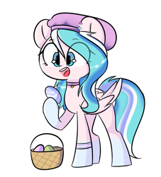 Size: 2000x2200 | Tagged: safe, artist:thieftea, oc, oc:foxyhollows, pegasus, pony, basket, collar, cute, egg, female, hat, mare, solo, wings