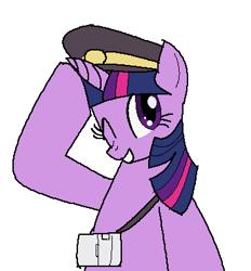 Size: 364x392 | Tagged: safe, artist:tetsutowa, derpibooru import, twilight sparkle, hat, railfan twilight, salute, simple background, solo, white background