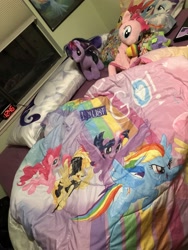 Size: 3024x4032 | Tagged: safe, derpibooru import, fluttershy, pinkie pie, rainbow dash, rarity, songbird serenade, twilight sparkle, twilight sparkle (alicorn), alicorn, earth pony, pegasus, pony, unicorn, my little pony: the movie, blanket, irl, merchandise, photo, plushie, poster