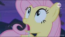 Size: 1280x720 | Tagged: safe, screencap, fluttershy, pegasus, pony, bats!, season 4, drool, hub logo, out of context, solo, youtube link