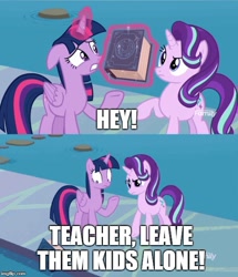 Size: 500x581 | Tagged: safe, edit, edited screencap, screencap, starlight glimmer, twilight sparkle, twilight sparkle (alicorn), alicorn, pony, unicorn, school daze, book, book abuse, caption, discovery family logo, eea rulebook, image macro, impact font, pink floyd, song reference, the wall, thug