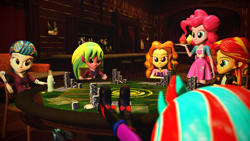 Size: 1920x1080 | Tagged: safe, artist:razethebeast, adagio dazzle, indigo zap, lemon zest, pinkie pie, sunset shimmer, equestria girls, 3d, clothes, cupcake, dessert, feet on table, food, plate, poker, poker chips, source filmmaker, table