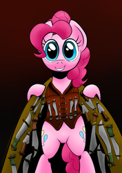 Size: 700x990 | Tagged: safe, artist:darkhestur, pinkie pie, earth pony, pony, bipedal, female, machete, mare, parody, solo