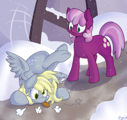 Size: 1800x1700 | Tagged: safe, artist:skoon, cheerilee, derpy hooves, pegasus, pony, backbend, chest stand, crash landing, female, flexible, mare, snow, snowfall, tongue out, underhoof