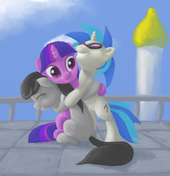 Size: 1905x1964 | Tagged: safe, artist:odooee, derpibooru import, dj pon-3, octavia melody, twilight sparkle, vinyl scratch, earth pony, pony, hug