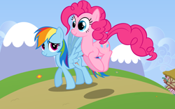 Size: 1024x644 | Tagged: safe, artist:zacatron94, derpibooru import, pinkie pie, rainbow dash, earth pony, pegasus, pony, bouncing, female, happy, lesbian, mountain, pinkiedash, ponyville, pronking, shipping, walking