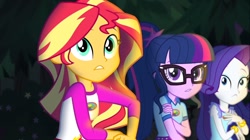 Size: 1100x618 | Tagged: safe, screencap, rarity, sci-twi, sunset shimmer, twilight sparkle, equestria girls, legend of everfree, female, glasses, trio