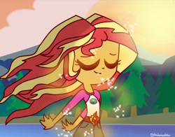 Size: 1274x1000 | Tagged: safe, artist:psychodiamondstar, sunset shimmer, equestria girls, legend of everfree, camp everfree outfits, clothes, commission, embrace the magic, eyes closed, female, lake, morning, scenery, solo, sun, sunshine shimmer, tree