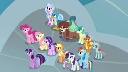 Size: 1280x720 | Tagged: safe, screencap, applejack, fluttershy, gallus, ocellus, pinkie pie, rainbow dash, rarity, sandbar, silverstream, smolder, spike, starlight glimmer, twilight sparkle, twilight sparkle (alicorn), yona, alicorn, changedling, changeling, classical hippogriff, dragon, earth pony, griffon, hippogriff, pegasus, pony, unicorn, yak, school daze, cloven hooves, dragoness, female, looking up, male, mane seven, mane six, mare, student six, teenager