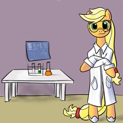 Size: 600x600 | Tagged: safe, artist:hudoyjnik, artist:synch-anon, applejack, earth pony, pony, bipedal, chemistry, clothes, crossed hooves, lab coat, safety goggles, solo