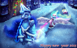 Size: 1920x1200 | Tagged: safe, artist:9de-light6, derpy hooves, doctor whooves, princess celestia, princess luna, alicorn, pegasus, pony, clothes, ded moroz, female, happy new year, hat, mare, russian, scarf, snegurochka, snow, snowfall, top hat, winter