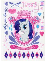 Size: 768x1024 | Tagged: safe, rarity, pony, unicorn, comb, diamond, fashion, heart, merchandise, needle, solo, sparkles, spool, tattoo, thread