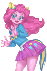 Size: 531x800 | Tagged: safe, artist:hoihoi, pinkie pie, human, equestria girls, blushing, clothes, female, looking at you, open mouth, pixiv, simple background, skirt, solo, sweater, white background, wondercolts