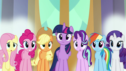 Size: 1280x720 | Tagged: safe, screencap, applejack, fluttershy, pinkie pie, rainbow dash, rarity, starlight glimmer, twilight sparkle, twilight sparkle (alicorn), alicorn, earth pony, pegasus, pony, unicorn, school daze, alternate mane seven, mane six, varying degrees of want