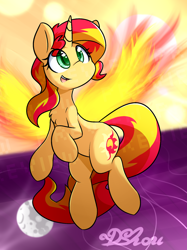 Size: 1280x1707 | Tagged: safe, artist:dshou, sunset shimmer, pony, unicorn, colored pupils, cute, cutie mark, fiery shimmer, fiery wings, fire, moon, shimmerbetes, signature, smiling, solo, watermark, wings