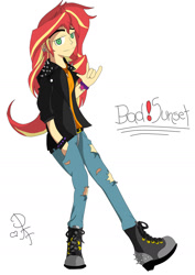 Size: 1280x1810 | Tagged: safe, artist:thelittlepandora, sunset shimmer, equestria girls, alternate universe, cutie mark accessory, cutie mark clothes, implied lesbian, implied shipping, implied sunsetsparkle, looking at you, simple background, white background