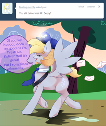 Size: 1057x1245 | Tagged: safe, artist:blacky-moon, derpy hooves, ask, ask mister derpy, hat, letter, mail, mailmare, necktie, poststallion, rule 63, tumblr