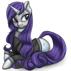Size: 1024x1024 | Tagged: safe, artist:eternyan, artist:vardastouch, artist:yukomaussi, rarity, pony, unicorn, collaboration, alternate hairstyle, blushing, clothes, female, mare, simple background, solo, sweater, white background
