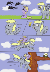 Size: 800x1146 | Tagged: safe, artist:kukimao, derpy hooves, dinky hooves, bird, pegasus, pony, comic, female, flying, mare, tree