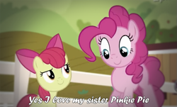 Size: 633x383 | Tagged: safe, screencap, apple bloom, pinkie pie, earth pony, pony, friendship is witchcraft, pinkie apple pie, neigh soul sister, sisters, smiling