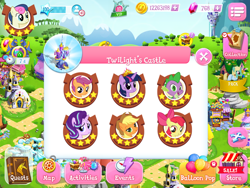 Size: 2048x1536 | Tagged: safe, apple bloom, applejack, bon bon, scootaloo, spike, starlight glimmer, sweetie drops, twilight sparkle, dragon, earth pony, pony, gameloft