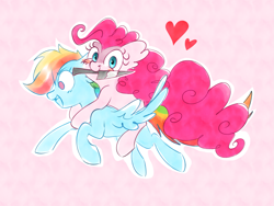 Size: 3475x2608 | Tagged: safe, artist:pinkablue, derpibooru import, pinkie pie, rainbow dash, earth pony, pegasus, pony, abstract background, blushing, ear fluff, female, flying, heart, knife, lesbian, mare, mouth hold, pinkiedash, ponies riding ponies, shipping, white outline, yandere, yandere pie