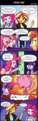 Size: 654x2047 | Tagged: safe, artist:uotapo, pinkie pie, sunset shimmer, twilight sparkle, twilight sparkle (alicorn), alicorn, earth pony, pony, unicorn, equestria girls, mirror magic, too many pinkie pies, balloonie pie, comic, female, imminent death, inflation, japanese, mare, murder, translated in the description, trigger happy twilight