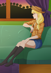 Size: 2059x2912 | Tagged: safe, artist:apple-cake, applejack, clothes, humanized, missing shoes, sitting, socks, sofa, solo, sunset, watermark