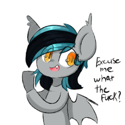 Size: 301x301 | Tagged: safe, artist:thieftea, oc, oc:greycedar, bat pony, pony, excuse me what the fuck, male, meme, vulgar