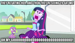 Size: 648x370 | Tagged: safe, derpibooru import, edit, edited screencap, screencap, spike, twilight sparkle, dog, equestria girls, equestria girls (movie), big omg, duo, exploitable meme, image macro, meme, oh my god, spike the dog, troll 2, twiscream