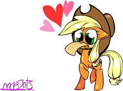 Size: 2044x1512 | Tagged: safe, artist:mushroomcookiebear, applejack, earth pony, pony, heart, mouth hold, note, paper, raised hoof, simple background, solo