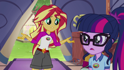 Size: 1280x720 | Tagged: safe, screencap, sci-twi, sunset shimmer, twilight sparkle, equestria girls, legend of everfree, camp everfree outfits, clothes, glasses, open mouth, shorts, tent