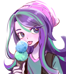 Size: 800x900 | Tagged: safe, artist:quizia, starlight glimmer, equestria girls, mirror magic, spoiler:eqg specials, beanie, cute, female, food, glimmerbetes, hat, ice cream, ice cream cone, looking at you, simple background, solo, that human sure does love ice cream, tongue out, two scoops, white background