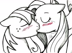 Size: 3134x2304 | Tagged: safe, artist:noretreat--nosurrender, big macintosh, fluttershy, earth pony, pegasus, pony, blushing, fluttermac, kissing, male, shipping, stallion, straight, traditional art