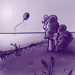 Size: 1200x1200 | Tagged: safe, artist:inlucidreverie, pinkie pie, earth pony, pony, balloon, monochrome, solo, sun