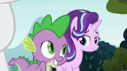 Size: 1920x1080 | Tagged: safe, screencap, rarity, spike, starlight glimmer, dragon, pony, unicorn, school daze, lidded eyes, smiling