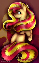 Size: 892x1432 | Tagged: safe, artist:littlesugarcute, sunset shimmer, pony, unicorn, bunset shimmer, cutie mark background, female, looking back, mare, plot, rearing, solo