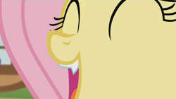 Size: 1685x945 | Tagged: safe, screencap, fluttershy, bat pony, pony, bats!, cliffhanger, fangs, flutterbat, happy, monofang, mouth, race swap, solo, teeth, tooth, wolf teeth