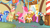 Size: 1054x592 | Tagged: safe, screencap, apple cobbler, berry punch, berryshine, gala appleby, minuette, pink lady, pinkie pie, earth pony, pony, a bird in the hoof, apple family member, cartwheel, kick