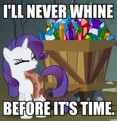 Size: 465x479 | Tagged: safe, edit, edited screencap, screencap, rarity, pony, unicorn, a dog and pony show, cart, cropped, harness, image macro, meme, pun, solo, tack, whining